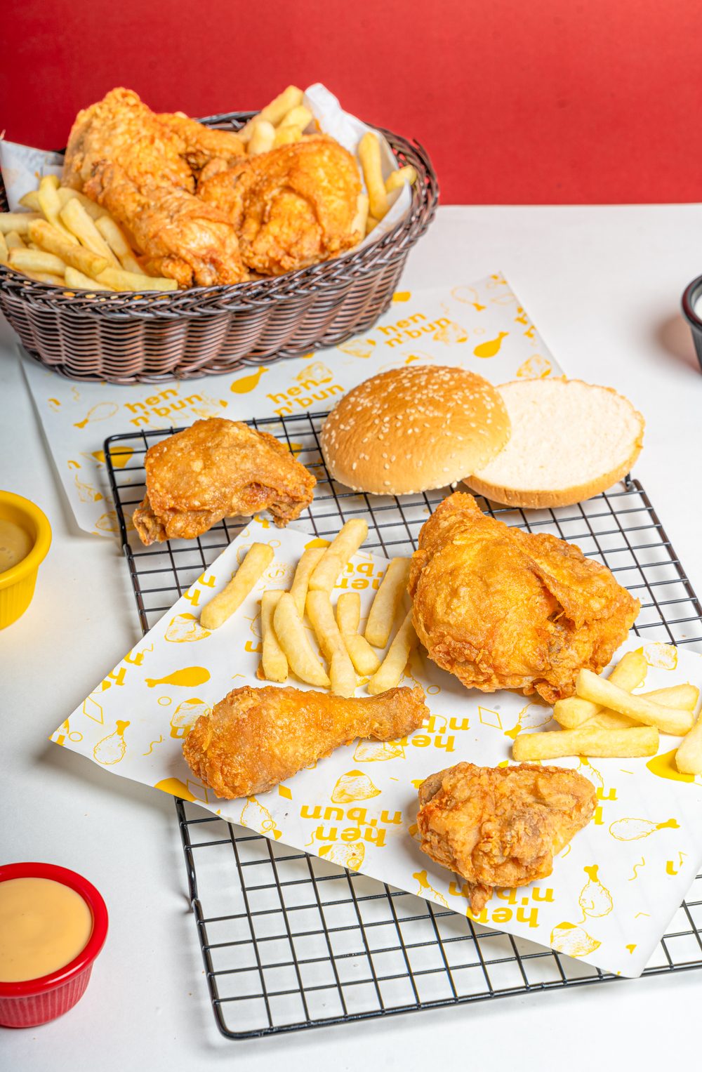 Full broast spread with fries, buns and garlic dips